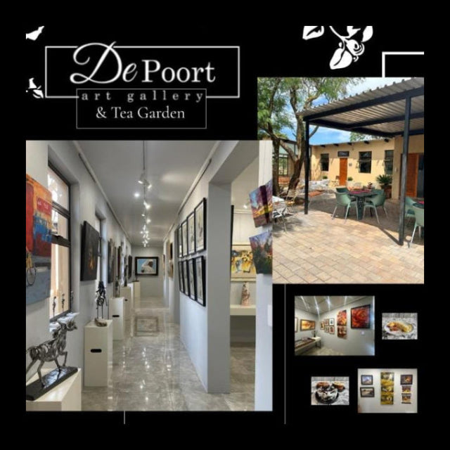 Collage of images from De Poort art gallery and tea garden, including interior views and outdoor seating area.